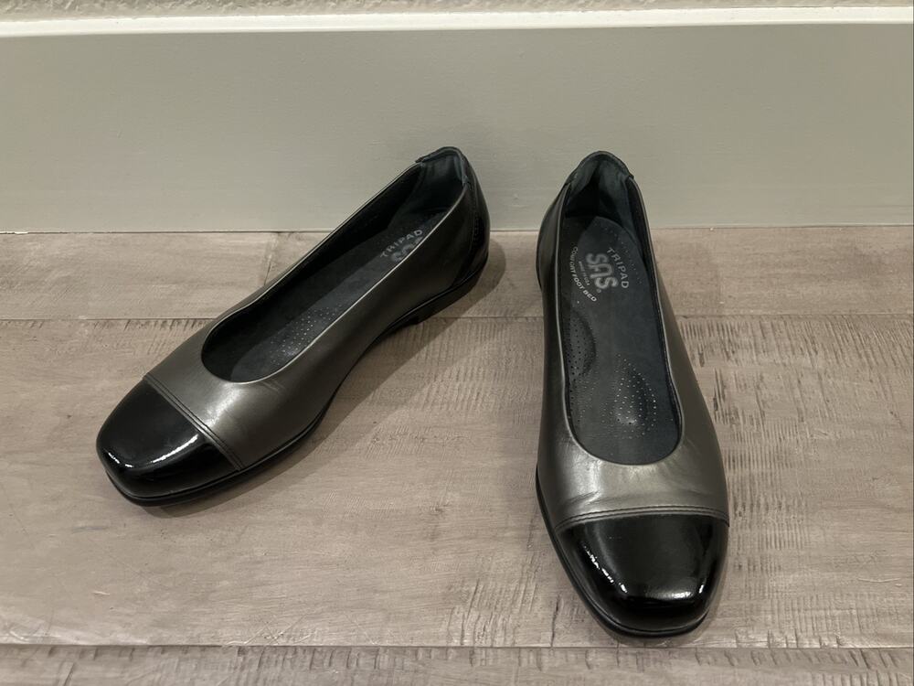 NEW SAS Tripad Comfort Leather Ballet Flats Graphite Black Cap Toe Slip On 6.5